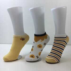 Womens Bee-Themed Ankle Socks 3-Pack Honeycomb Stripes Bees Yellow White Black